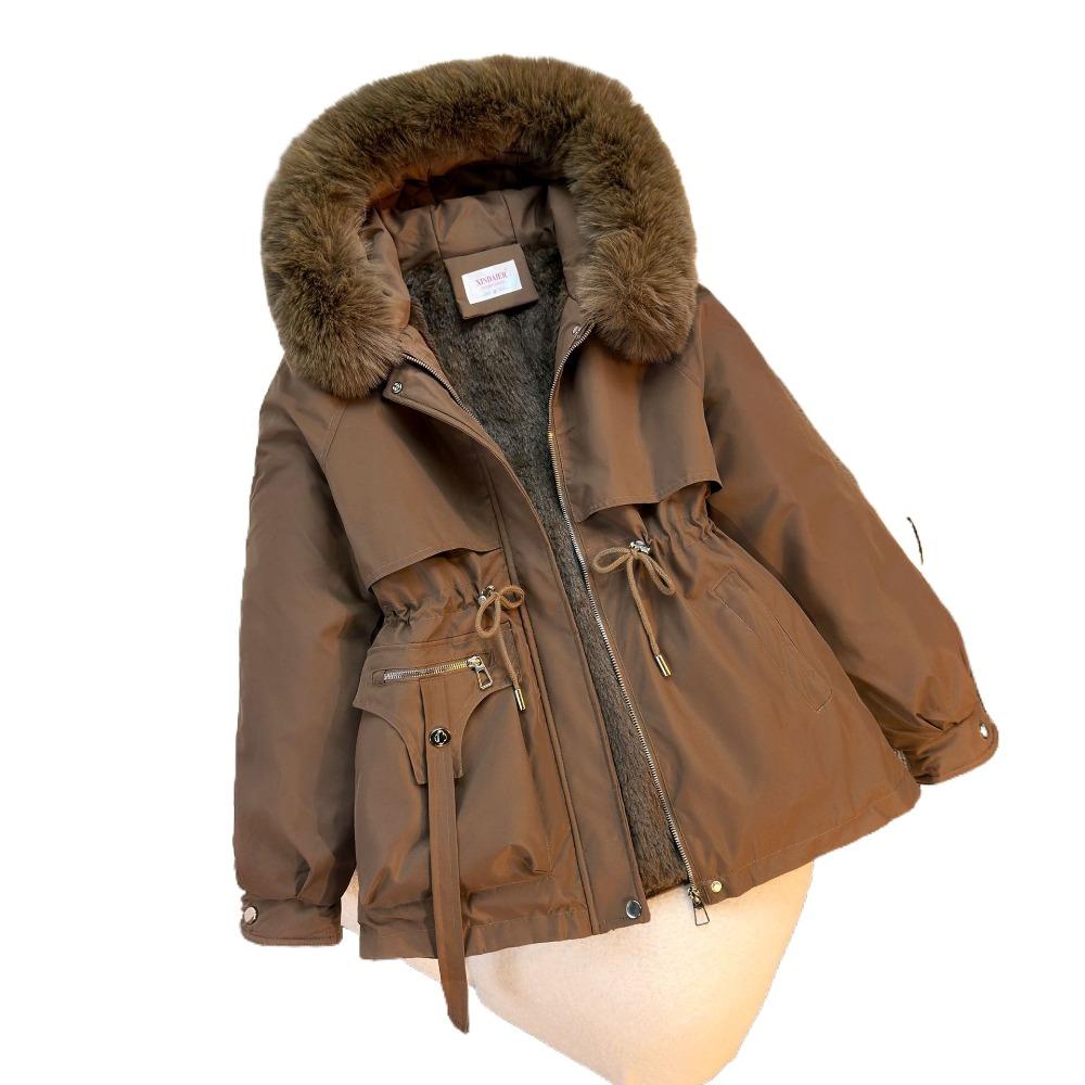 Women's Winter Parka Coat Large Fur Collar Fashion Versatile Fleece Lined All-In-One Warm Jacket Thick Outerwear
