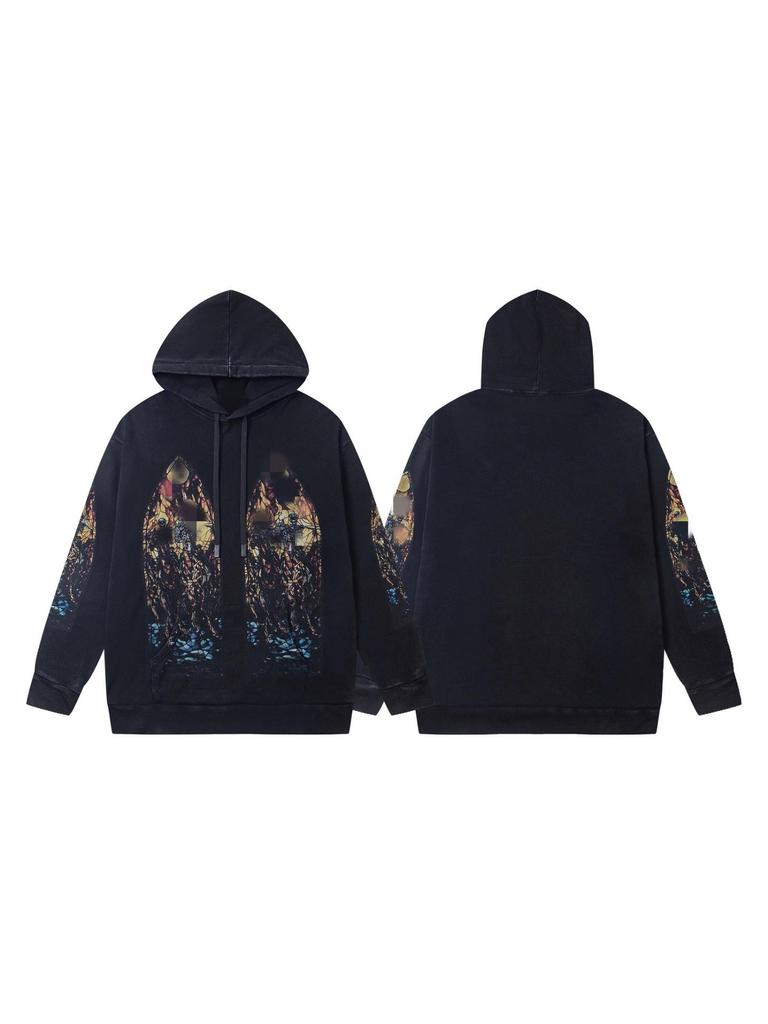 American High Street Washed Print Loose Casual Hoodie Sweatshirt for Couples