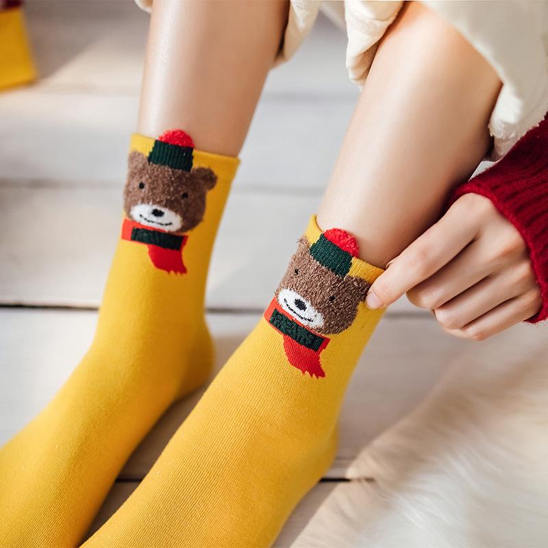 Women's Mid-Calf Cartoon Striped Socks with 3D Ears - Christmas Style