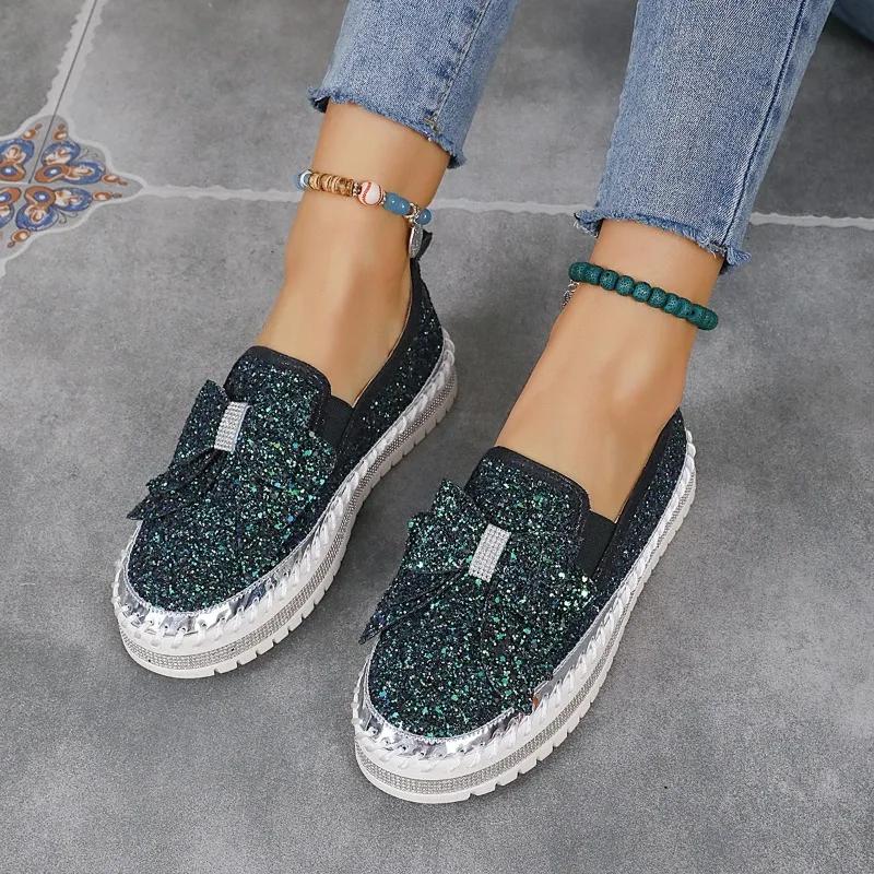 2024 New Versatile Women's Shoes Solid Color Bow Decorated with Rhinestones Round Toe Thick Sole Shallow Mouth Women's Shoes