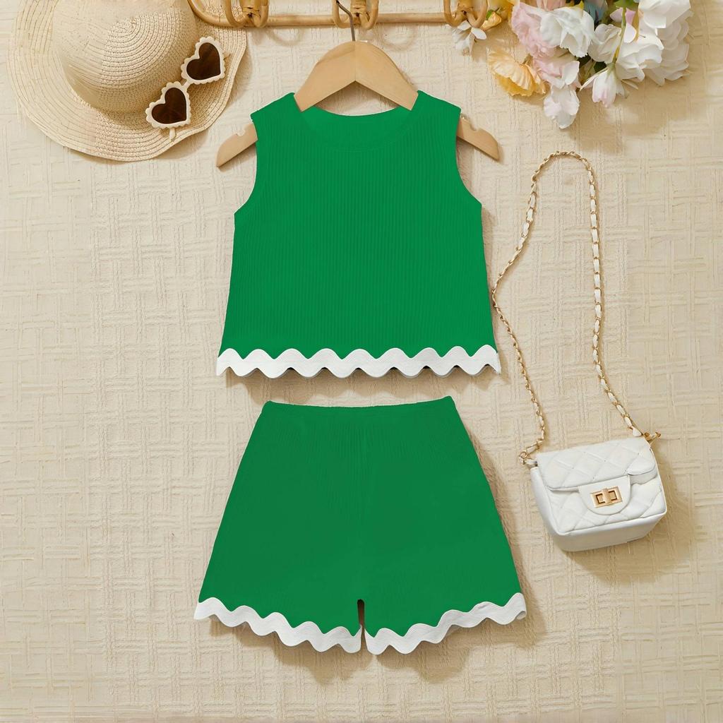 Girls' Summer Set: Solid-Color Lace Tank Top + Shorts Casual Two-Piece Set