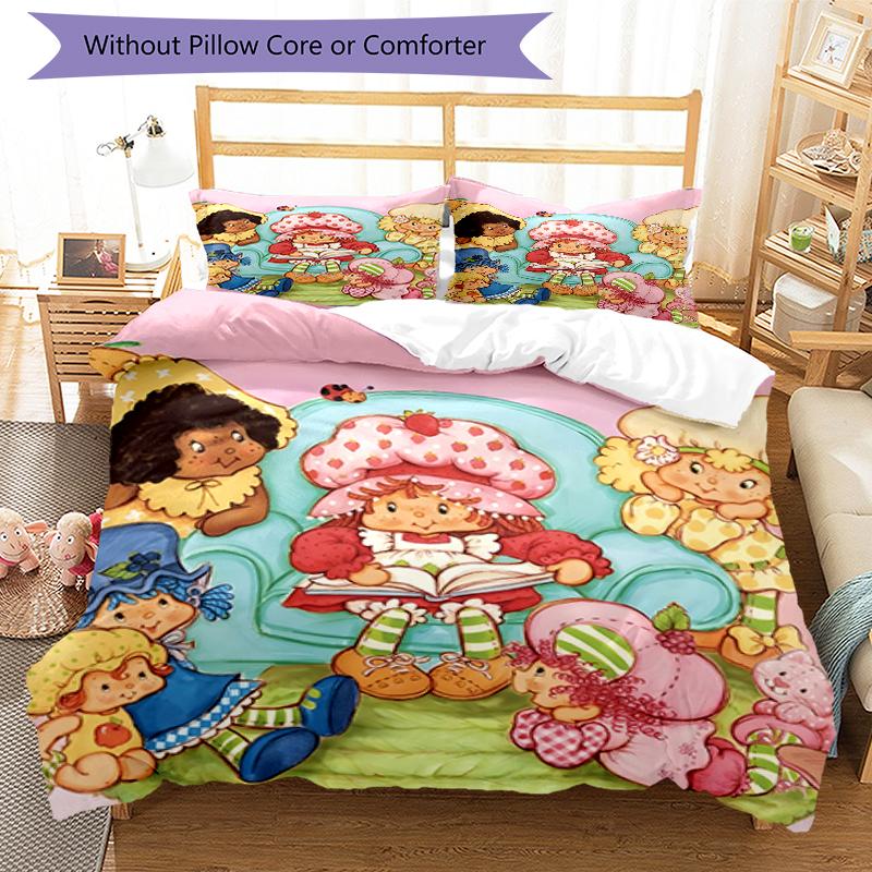 3pcs Strawberry Princess4 Design Cover Set - HD Printed Bedding with 1 Cover and 2 Pillowcases - Perfect for Home and Dorm Decor