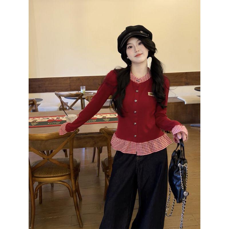 

Red Inner Wear Patchwork Fake Two-Piece Knitted Sweaters Women s Wear Early Autumn Long Sleeves Sweater Silm Tops New Arrival Burgundy M