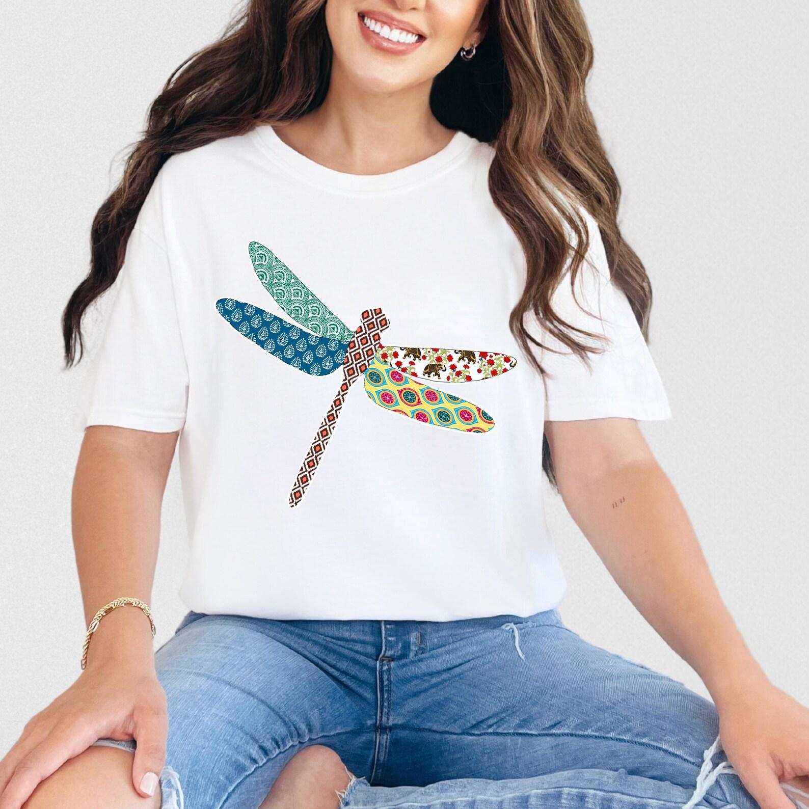 Dragonfly Cotton T-shirt, Colorful Indian Prints, Artsy Boho Style, Casual Comfortable Tee L