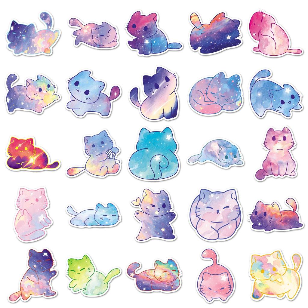 50 Cute Starry Sky Cat Stickers: Hand-Drawn Cartoon Decorations for Cups & Phone Cases