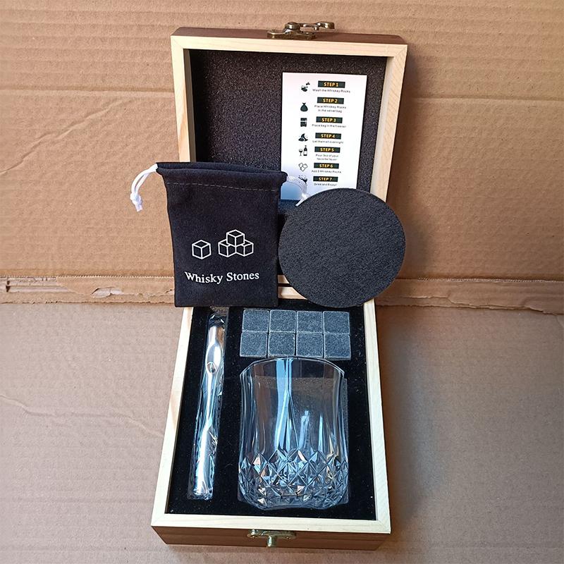Perfect Gift Whisky Stones and Glass, 8 Sophisticated Stones 1 Premium Crystal Glass Packaged in Classy Wooden Box 301-400ml