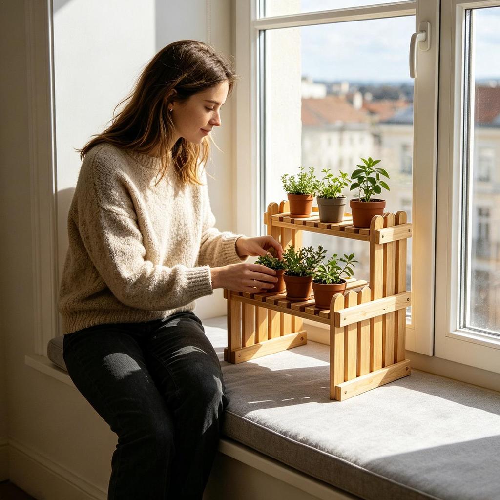 Plants Holder 2-Tier Pot Wooden Organizer desktop Flower Storage Rack Display Shelves for Indoor Balcony Office Garden Home