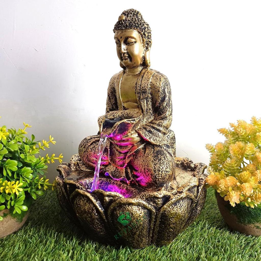 Lotus Buddha Table Top Water Fountain with RGB LED Light for Home Décor/Gift/Vastu/Pooja/Reception/House Warming (Gold)