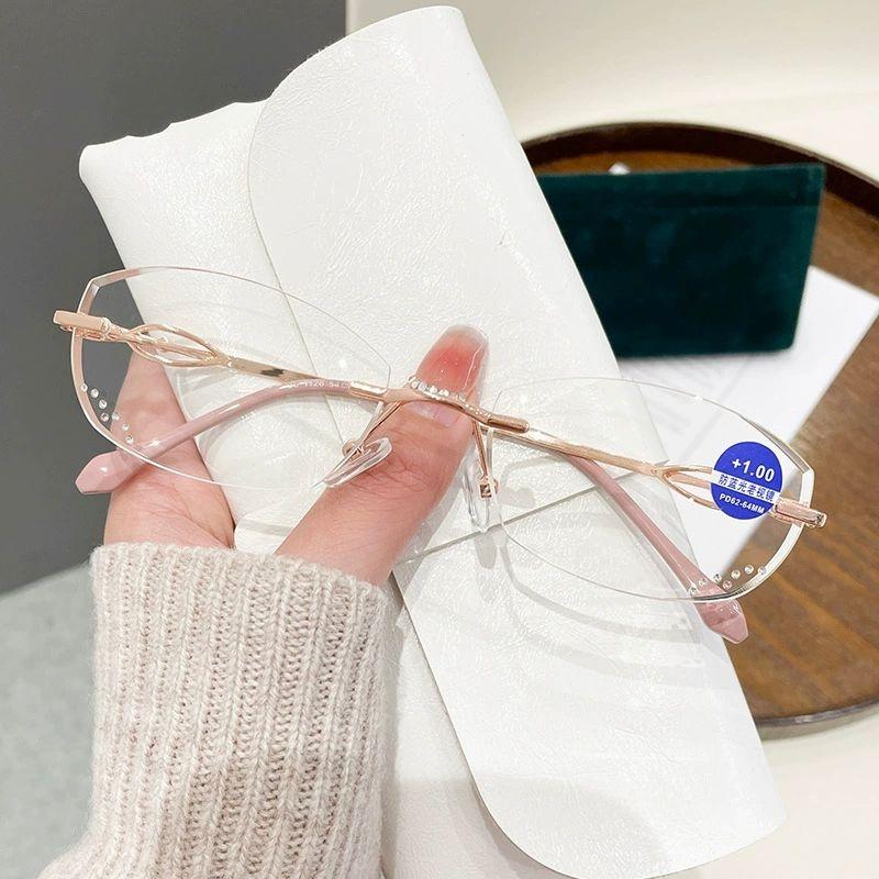 

New fashionable reading glasses frameless diamond cut edges ultra light and simple anti-blue light elderly reading glasses(1126) +100 красный