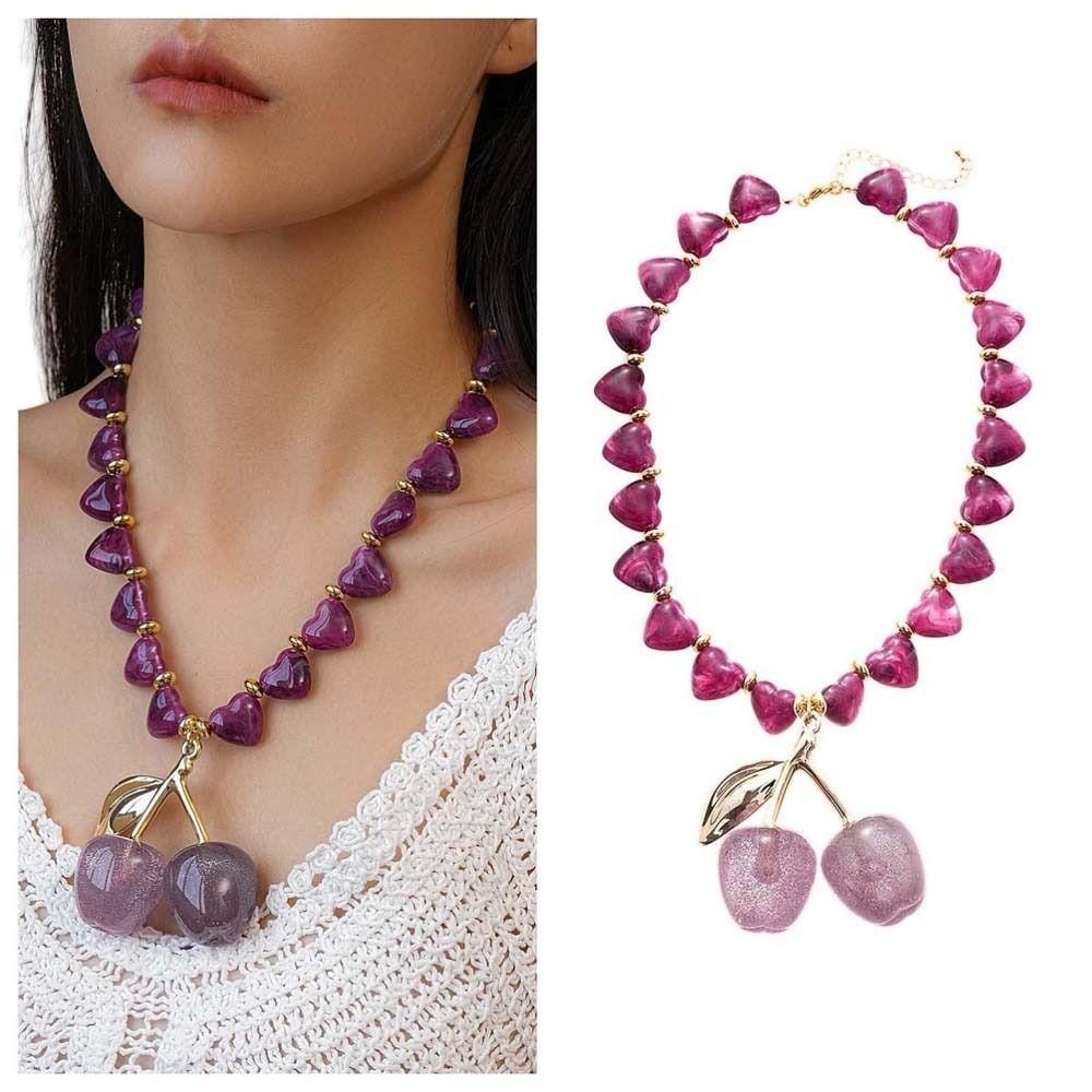 Love Heart Beadeds Women Cherry Necklace Acrylic Bohemia Choker Cherry Pendant  Vacation