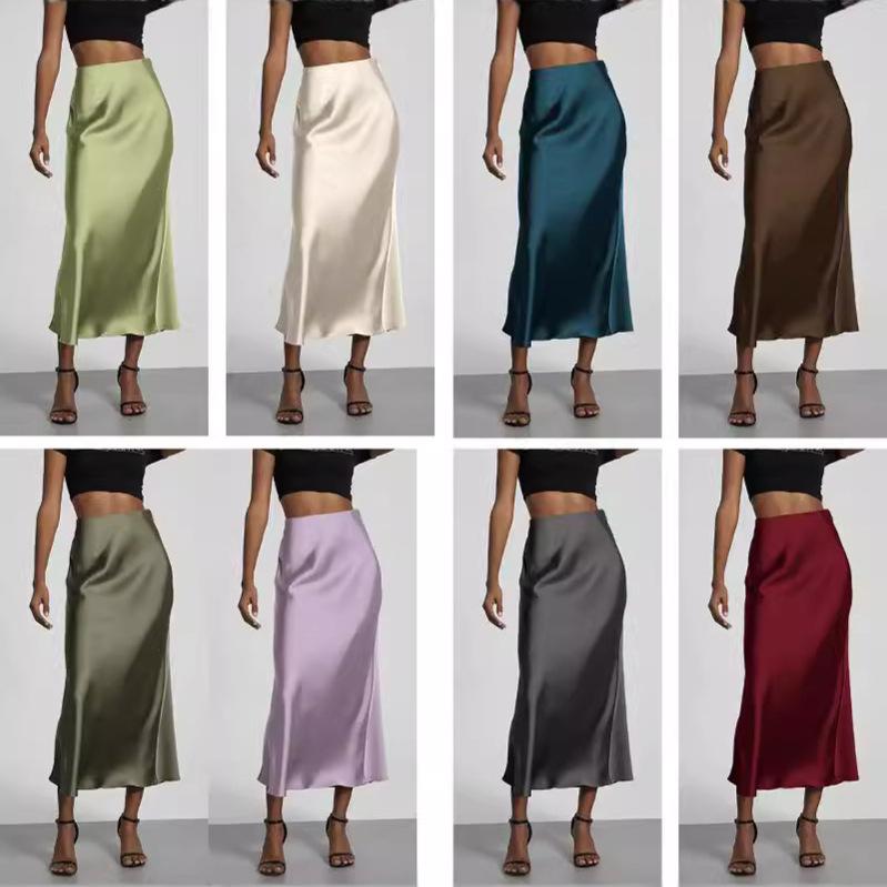 Gonne lunghe eleganti in raso estive da donna, tinta unita, vita alta, moda Faldas