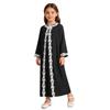 Girls Embroidered Lace Muslim Robe Abaya Round Neck Long Sleeve Back Invisible Zipper Loose Dress