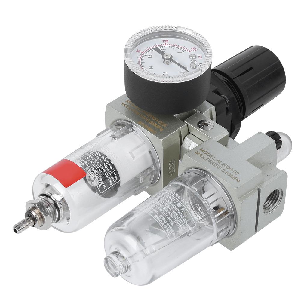 Odlučovač vzduchu, oleje a vody, dvojitá jednotka, tělo z hliníkové slitiny, ochranný kryt z litiny, manometr