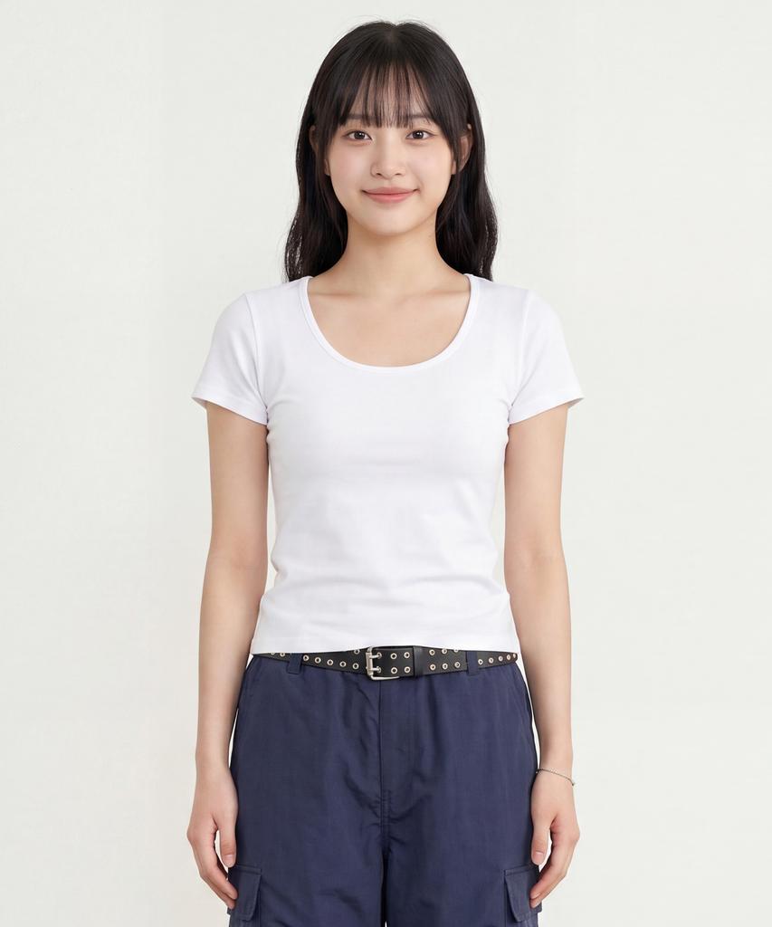 BASIC HOUSE Women'S Modal Spandex U-Neck Slim Fit Short Sleeve T-Shirt White