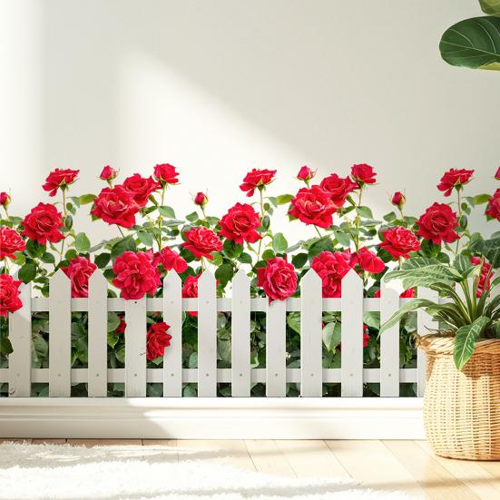 Fence Rose Bush Wall Sticker Removable Waterproof PVC Red Flower Pattern Sticker Home Office Living Room Bedroom Wall Decoration Decal