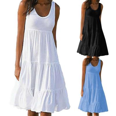 Sleeveless Women Dress Solid Color Thin Splicing Large Hem O Neck Midi Dress Streetwear