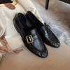 Fashion Metal Buckle Design New Women's Flat Shoes Genuine Leather Shoes British Style Retro Thick Heel Loafers For Women