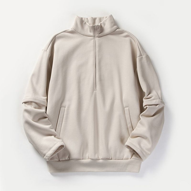 Heavy Stiff High Weight Fleece-lined Thickened Stand Collar Half Zipper Hoodie Men s Autumn and Winter Foreign Trade Men s Clothing Outerwear Apricot XL