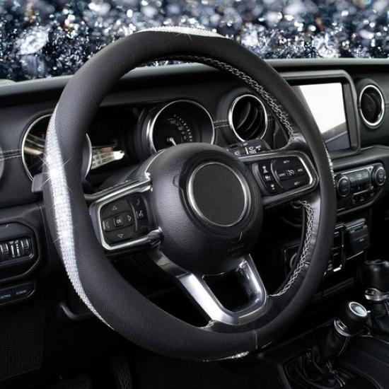 Bling Diamond Steering Wheel Cover Microfiber Leather Universal white diamond