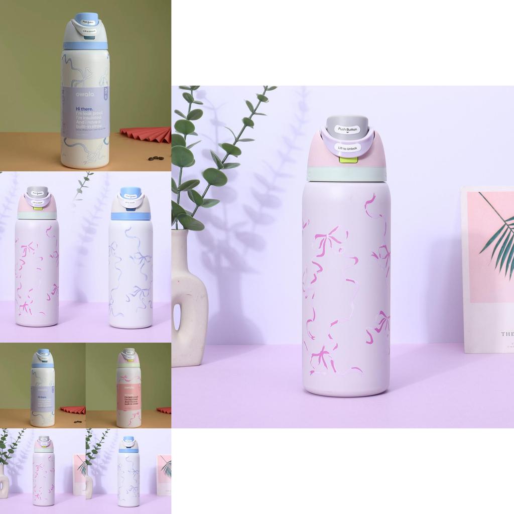 Ribbon Bow Pattern Print Insulated Water Bottle With Dual Drink Lids For Outdoor Sports