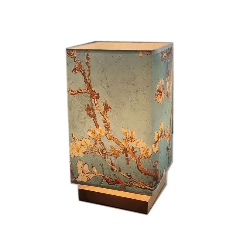Japanese Square Solid Wood Table Lamp New Chinese Retro Zen Bedroom Bedside Lamp Night Light Warm Light Dimmable LED