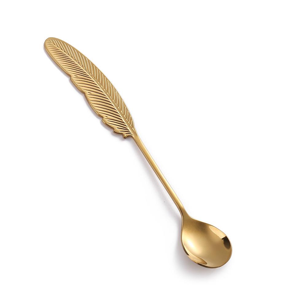 HANYANG Feather Spoon Golden 304 Stainless Steel Fruit Fork Literary Small Spoon Spoon Spoon Creative Tableware Colorful Feather Spoon