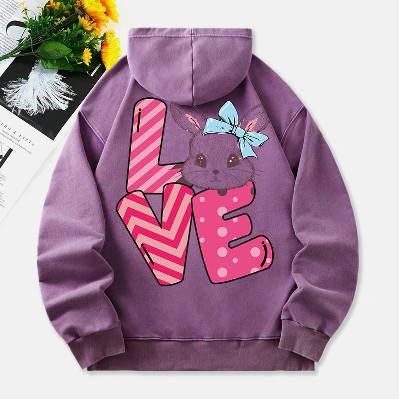 Cute Rabbit Washed Hoodie Womens Love Letter Printed Cotton Clothes Distressed Pocket Oversize Womans Streetwear
