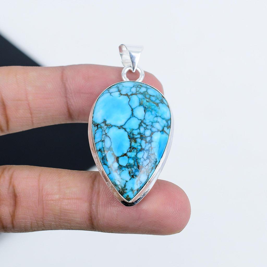 Natural Turquoise Gemstone Silver Pendant In 925 Sterling Silver - Handmade Pear Design, Everyday Wear Jewelry Mother's Day Gift