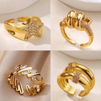 Bagues Nœud Étoile en Zircon pour Femmes Couleur Or Acier Inoxydable Géométriques Ajustables Anneaux de Doigt Bijoux Cadeaux pour Couples de Mariage