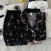 Korean Style Women's Summer Cartoon Pajama Set - Short Sleeve Cardigan with Shorts, Cloud Cotton Lapel