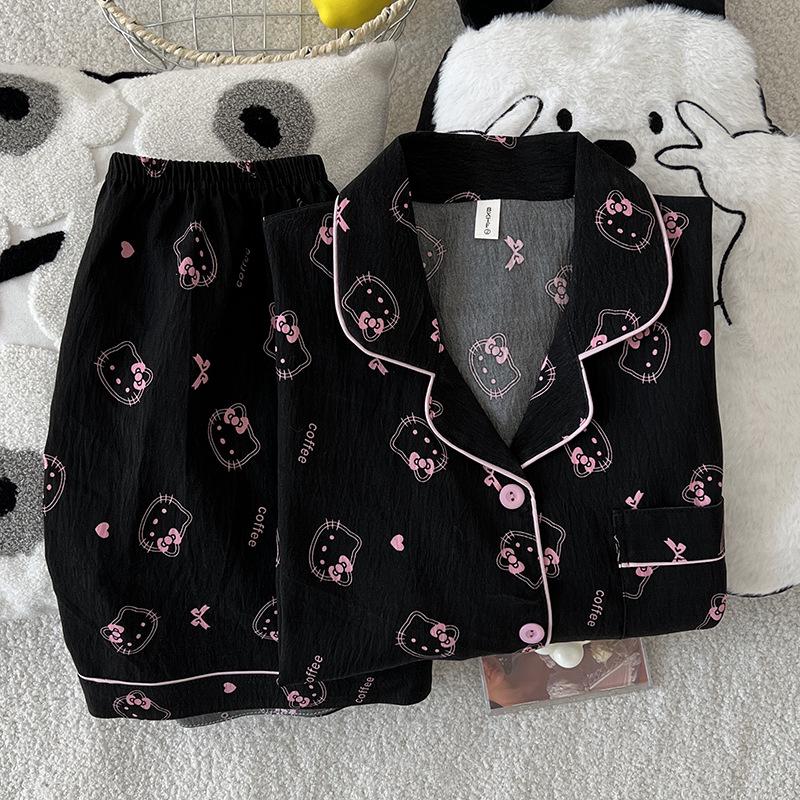 Korean Style Women's Summer Cartoon Pajama Set - Short Sleeve Cardigan with Shorts, Cloud Cotton Lapel