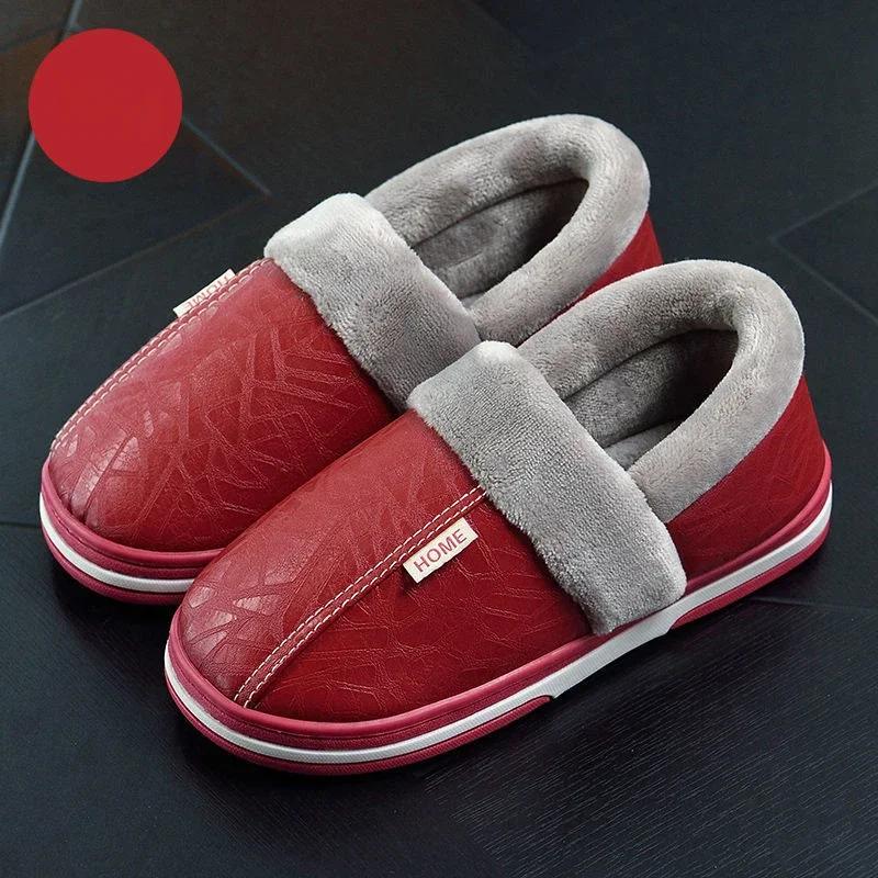 Men‘s Slippers Winter Indoor Women Warm Shoe Comfortable Waterproof PU Leather Slipper Couple Cotton Flat Shoes 2025 New