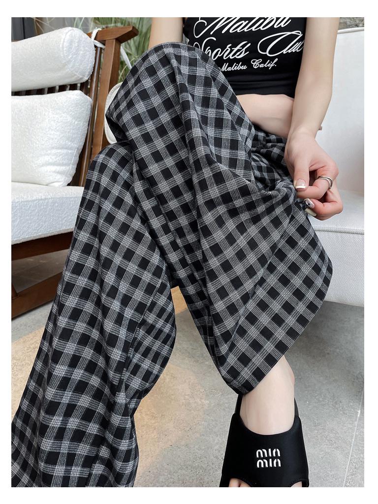 Retro Blue Plaid Wide-Leg Pants - Spring/Summer 2026 Collection, Lazy Style, Drapey Straight-Leg Casual Pants