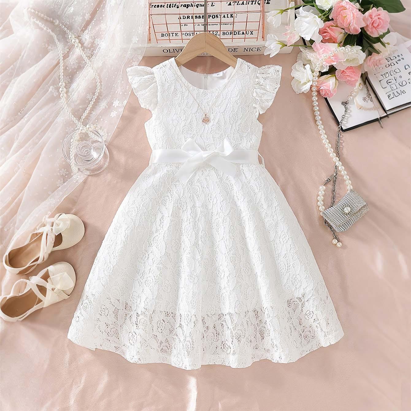 Girls Sweet Elegant Solid Color Lace Round Neck Flutter Sleeve Casual Daily Party Dress for Little Girls 3-4Y белый