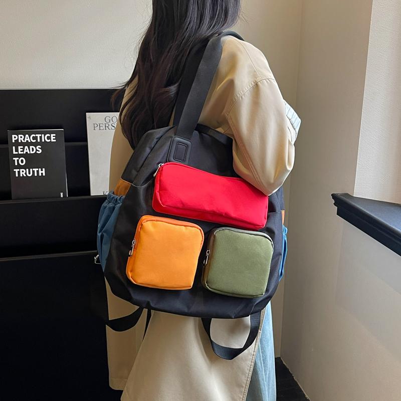 Color Contrast Backpack Women's Large Capacity Commuter Handbag Multi-Functional Plaid Tote Bag