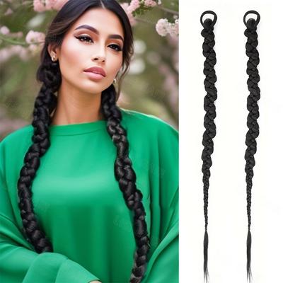 2pcs Synthetic Elastic Hair Rope Spiral Braid Ponytail Extension Long Straight Ponytail Wig For Women Daily Use Hair Accessories