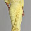 Women'S Yellow Pleated Waist Temperament Dress High Neck Long Dress