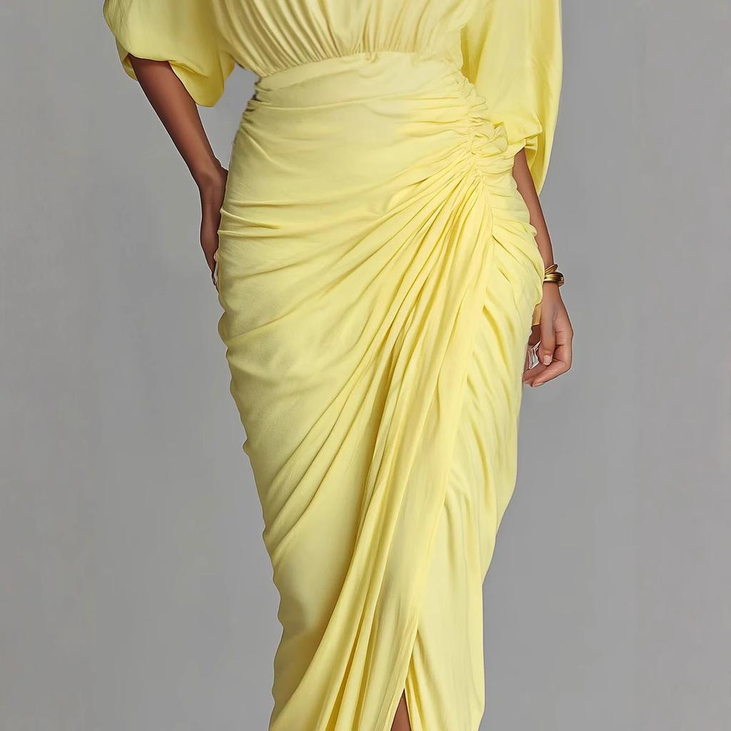 Women'S Yellow Pleated Waist Temperament Dress High Neck Long Dress