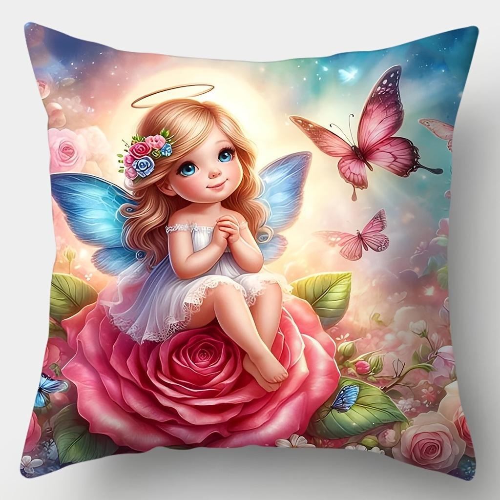 1/4pcs Valentine's Day Pillowcases: Adorable Angelic Girls with Roses and Butterflies Sofa cushion cover home bedroom decoration