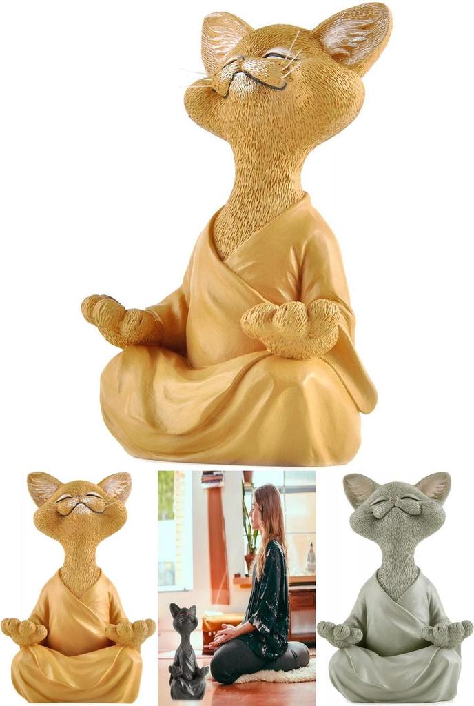 Whimsical Buddha Cat Figurine Hand Painted Resin Collectible Home Decor Gift