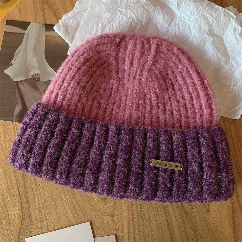 Hat Women's Rough Knitted Wool Hat Autumn and Winter Versatile Big Head Circumference Color Matching Loose Ins Trendy Face Small Headhat