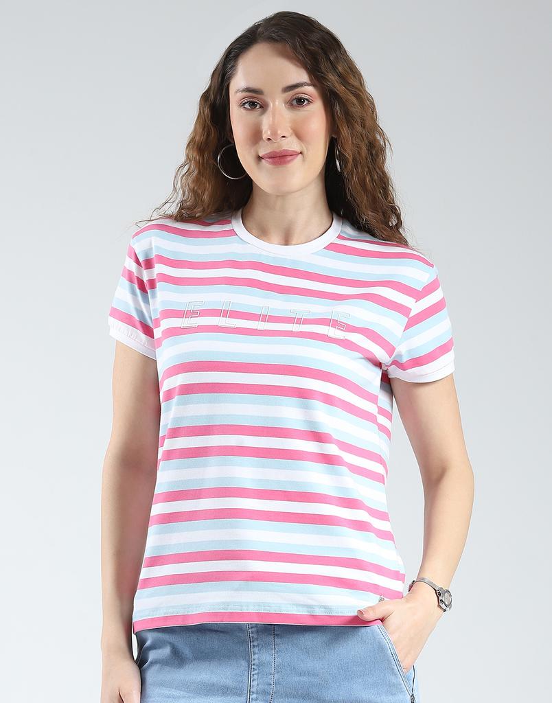 MONTE CARLO Women's Oversized Round Neck Striped Half Sleeve Top
