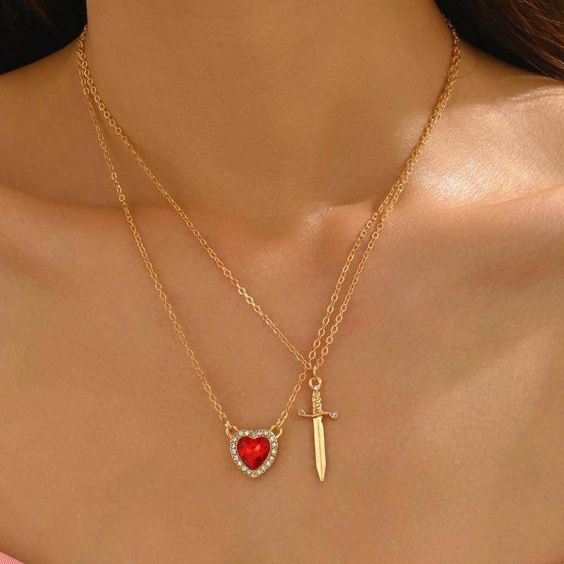 Valentine's Day Red Zircon Heart Sword Pendant Necklace In European & American Style