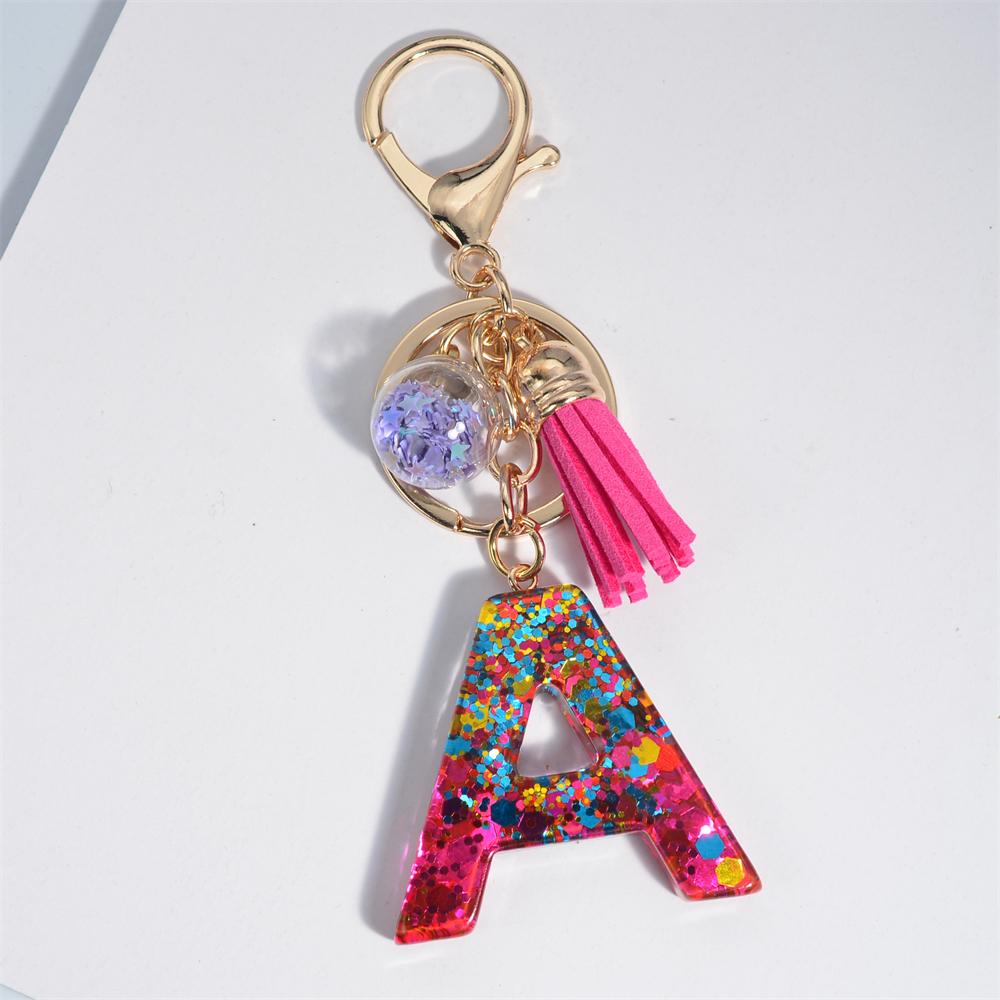 Fashion Tassel Star Ball 26Letters Keychain Colorful Sequins Resin Key Ring for Women Girls Car Handbag Phone Case Pendant Gifts