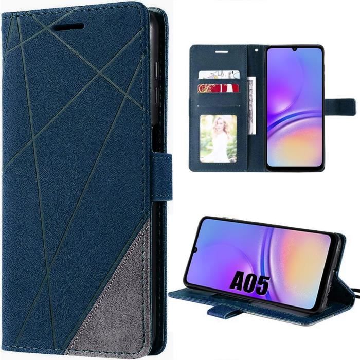 Coque de protection - BOOLING - Samsung Galaxy A05 - Cuir PU Bleu Marine - Antichoc - Fentes pour carte