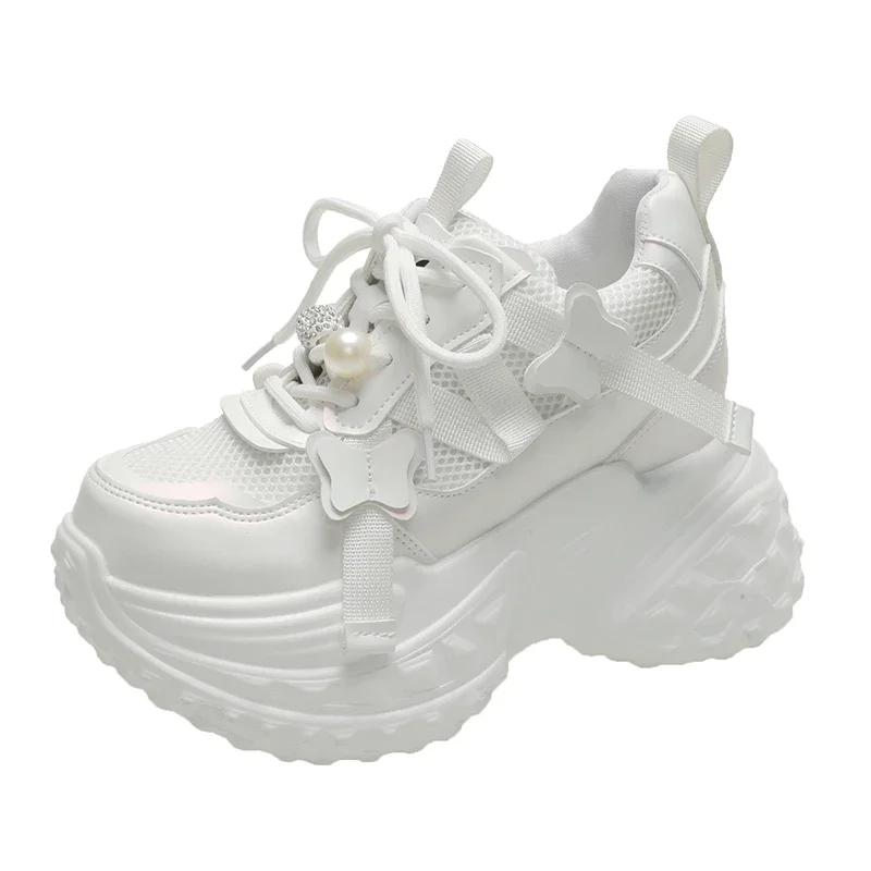 

9,5 см женские сетчатые массивные кроссовки осенние туфли на высокой платформе высокие каблуки танкетки повседневная обувь женские дышащие спортивные кроссовки для папы 34 бежевый