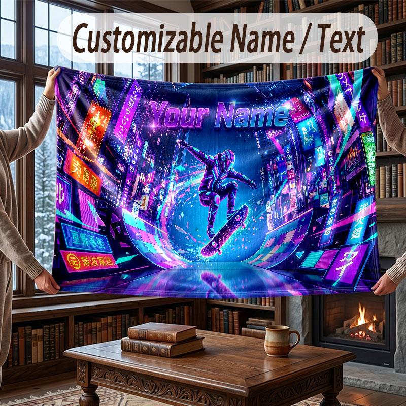 City Cyberpunk Theme Throw Blanket Custom Name Text Personalized Blanket Soft Cozy Blanket for Home Sofa Bed