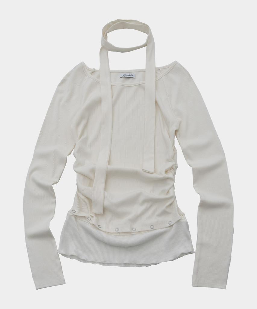 PLACE STUDIO Boat U-Neck Detachable Eyelet Contrast Scarf Set Long Sleeve T-Shirt _3 Colors