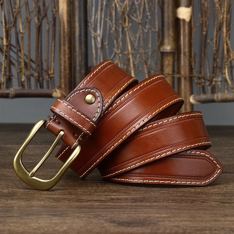 3.8Cm Wide New Handmade Retro Old Matte Leather Pin Buckle Men'S Cowhide Belt Men'S Casual Belt Trendy