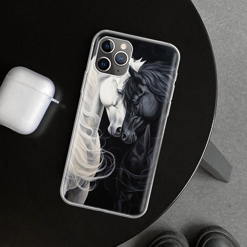 Animal Black Horse Phone Case Cover for iPhone 11 12 13 Mini 14 15 Plus 16 Pro Max 17 Air 7 8 + SE Art Customized Fundas 11 12 1